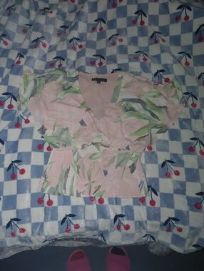 White House Black Market Pink Floral V-Neck Smocked-Waist Blouse